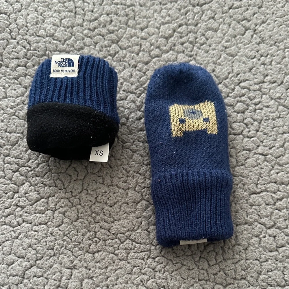 The North Face Kids Navy Blue Mittens with Gold Camera Graphic
